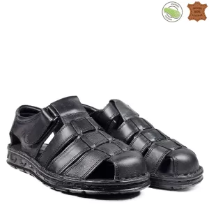 Черни мъжки сандали от естествена кожа с велкро лепенка 13258-1