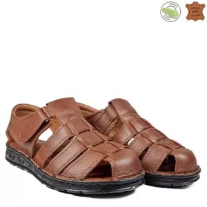 Кафяви мъжки сандали от естествена кожа с велкро лепенка 13258-2