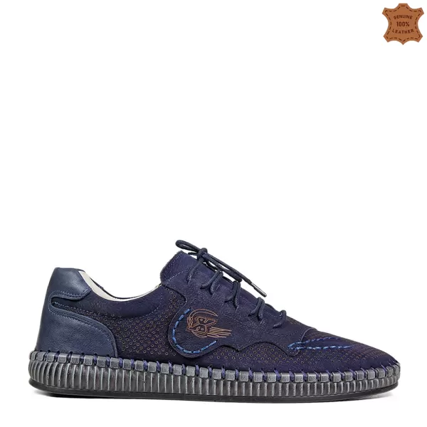 Шити мъжки обувки от естествен набук в тъмно синьо 13251-1